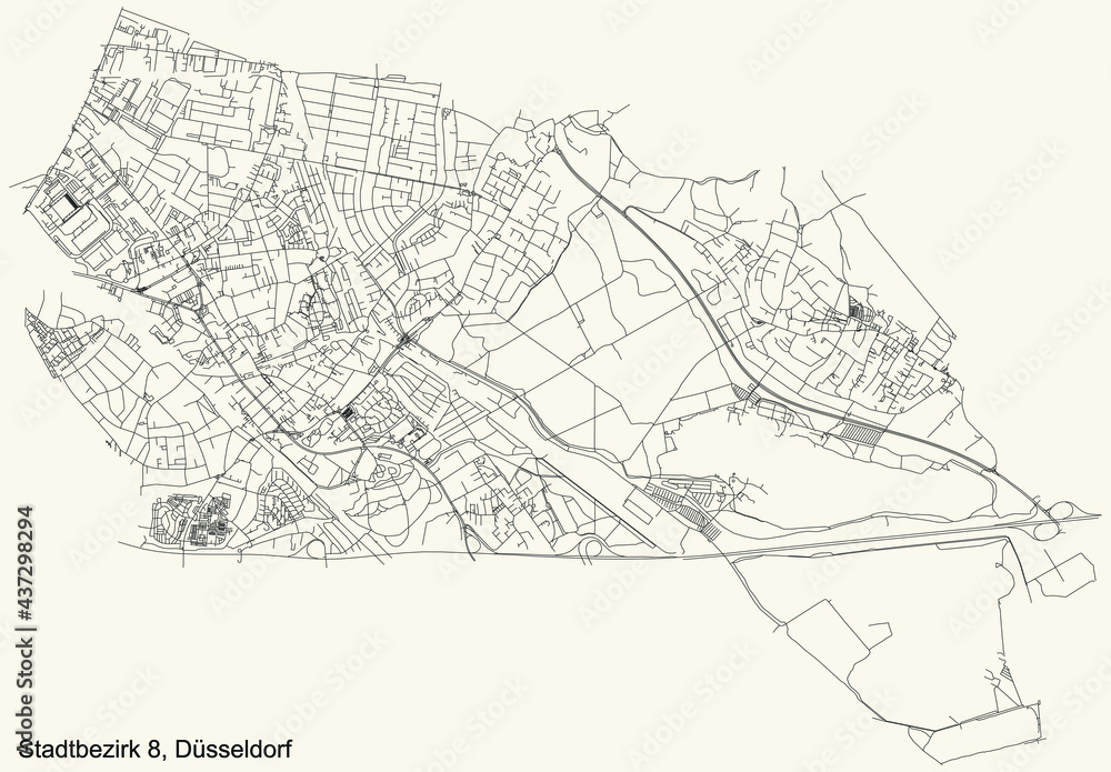 Black simple detailed street roads map on vintage beige background of the quarter Stadtbezirk 8 district of Düsseldorf, Germany