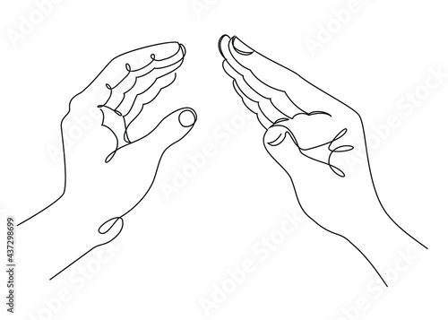 Silhouettes of human hands, applause, in a modern one line style. Continuous line drawing, aesthetic outline for home decor, posters, wall art, stickers, logo. Vector illustration.