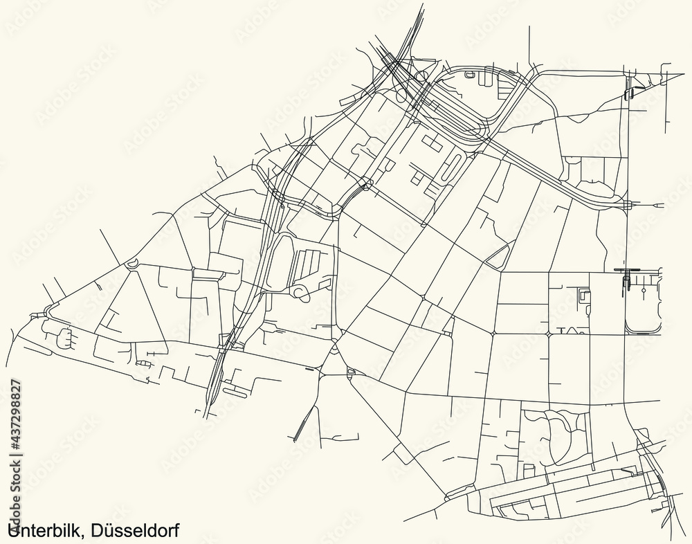 Black simple detailed street roads map on vintage beige background of the quarter Unterbilk Stadtteil of Düsseldorf, Germany