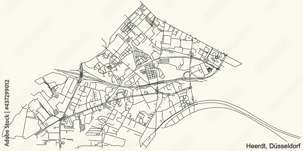 Black simple detailed street roads map on vintage beige background of the quarter Heerdt Stadtteil of Düsseldorf, Germany