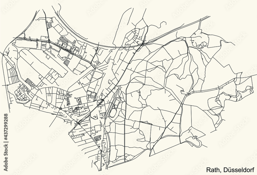 Black simple detailed street roads map on vintage beige background of the quarter Rath Stadtteil of Düsseldorf, Germany