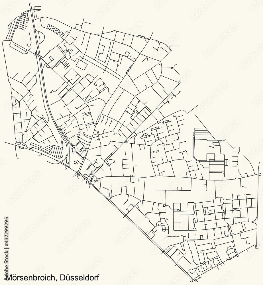 Black simple detailed street roads map on vintage beige background of the quarter Mörsenbroich Stadtteil of Düsseldorf, Germany