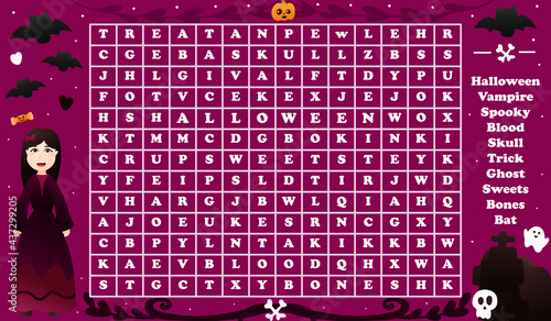 Word seach game for kids with cute vampire character for halloween party, spooky riddle for worksheet or children books with skulls, bats and tombs in cartoon style on dark background