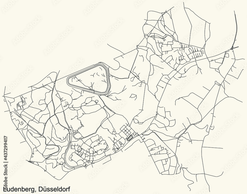 Black simple detailed street roads map on vintage beige background of the quarter Ludenberg Stadtteil of Düsseldorf, Germany