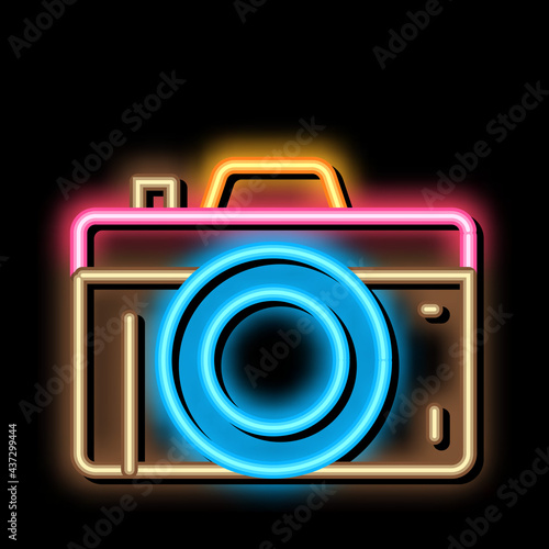 Photo Camera neon light sign vector. Glowing bright icon Photo Camera isometric sign. transparent symbol illustration