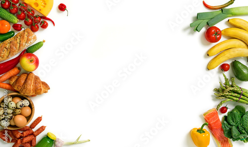 Healthy food isolated on white background. Different fruits and vegetables. Top view.