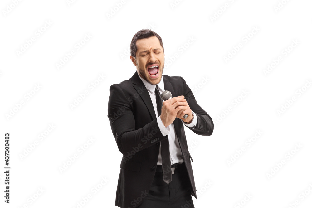 Singer with a microphone singing and enjoying Singer with a microphone singing and enjoying