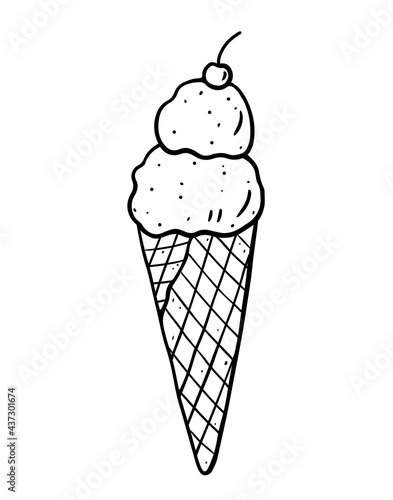 Ice cream in a waffle cone with a cherry. Vector hand-drawn illustration in doodle style isolated on white background. Perfect for your project, card, logo, menu, decorations.