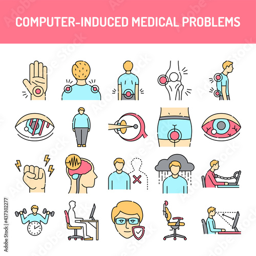 Computer-induced medical problems line icons set. Isolated vector element.