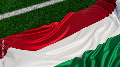 Flag of Hungary on a Sports field. Grass Pitch with a Hungarian Flag. Euro 2020 Football Background. photo