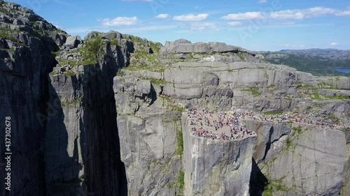 Preikestolen or Prekestolen or Pulpit Rock aerial panoramic view, Norway. Preikestolen is a steep cliff which rises above the Lysefjord. photo