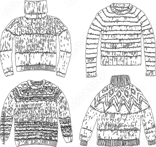 Contour drawings of various wool knitted sweaters for cold season
