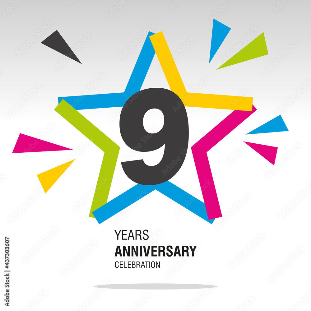 9 Years Anniversary in star colorful modern logo icon banner white background 9 Years Anniversary in star colorful modern logo icon banner white background