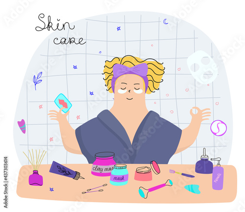 the girl takes care of the skin at home. Home SPA. Vector illustration