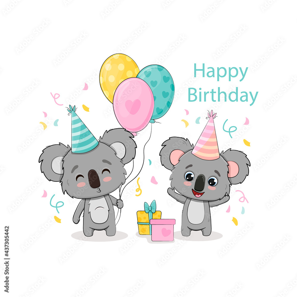 Fototapeta premium Birthday card with cute koalas with balloons and gifts