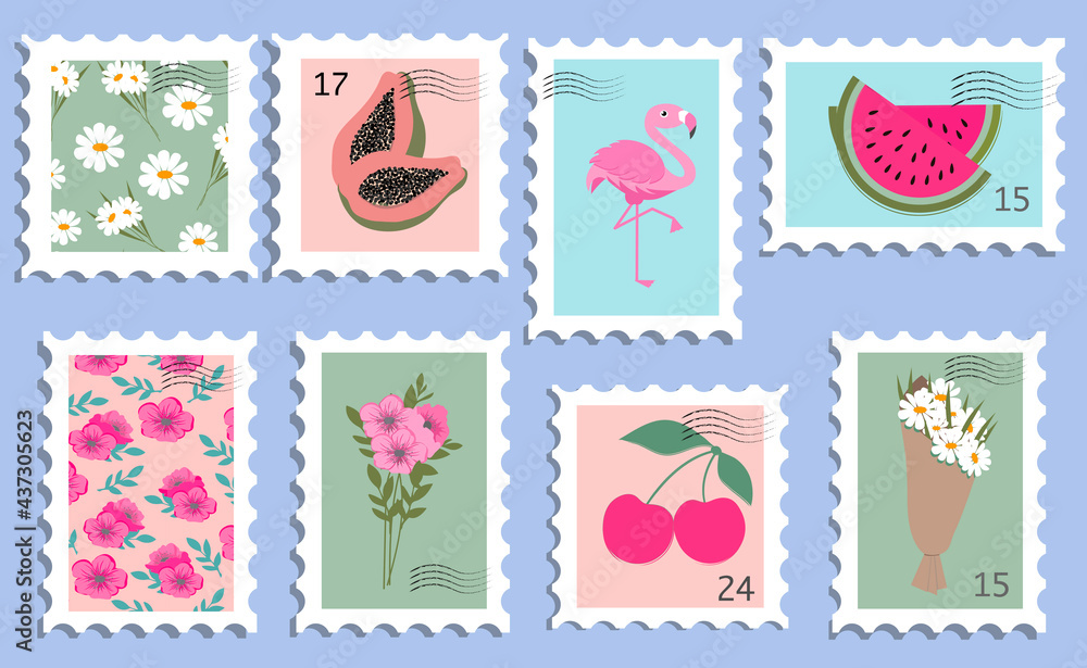 Set of beautiful post stamps. Fun postage stamp vector designs for using on envelopes. Mail and post office concept.