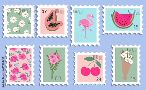 Set of beautiful post stamps. Fun postage stamp vector designs for using on envelopes. Mail and post office concept.