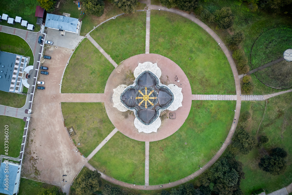 Aerial view of a church in a public park