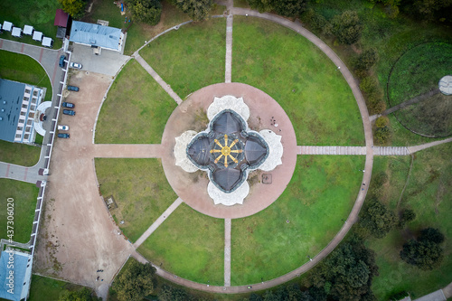 Aerial view of a church in a public park