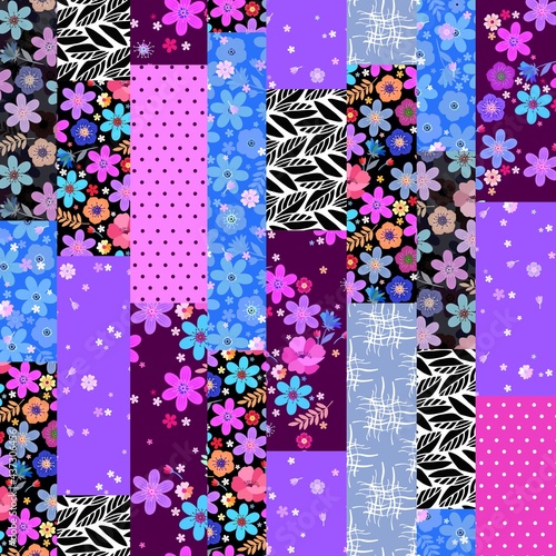 Decorative  seamless patchwork pattern with floral motifs. Beautiful print for fabric. Vector illustration.