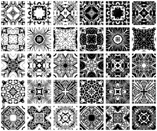 Beautiful set from black and white ornamental tiles. Seamless patchwork pattern. Vector illustration.