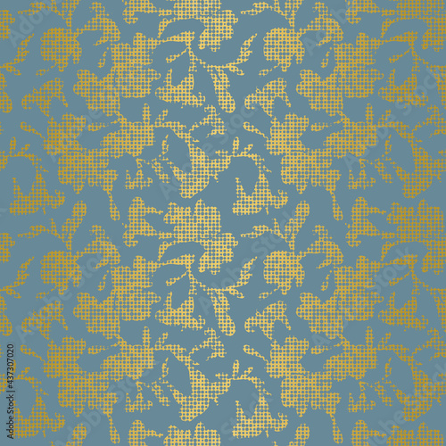 Gold foil on blue background decorative flower silhouette texture. Elegant seamless vector pattern for home and fashion fabrics, decorations and wallpaper.