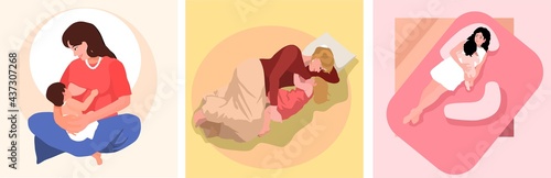Woman breastfeeding her baby, set of vector illustrations. Mom's care. Mother looks at her son or daughter with tenderness. Cartoon picture. Picture is suitable for icons, for magazine. 