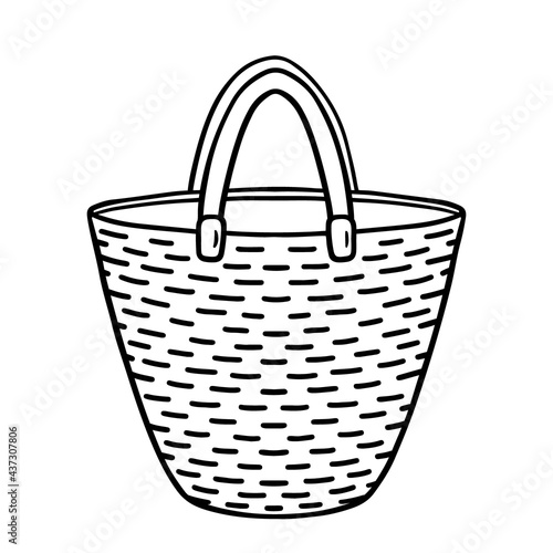 Straw beach bag isolated on white background. Vector hand-drawn illustration in doodle style. Perfect for your project, card, logo, decorations.
