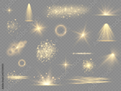 Yellow light effect, spotlights, flare stars dust.