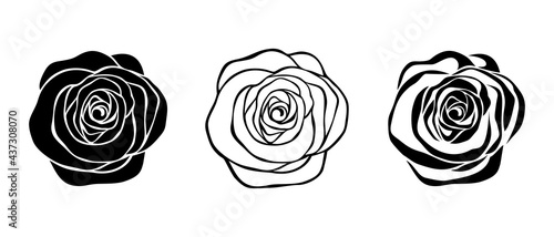 Set of three vector black silhouettes and line art illustrations of rose flowers isolated on a white background.