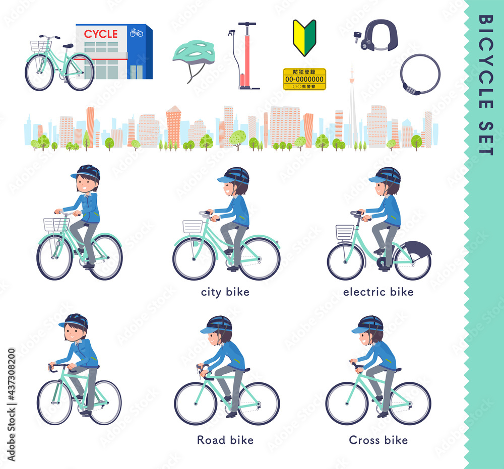 Fototapeta premium 色々な自転車に乗る配送員女性のセット