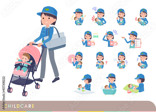 赤ちゃんのお世話をする配送員女性のセット