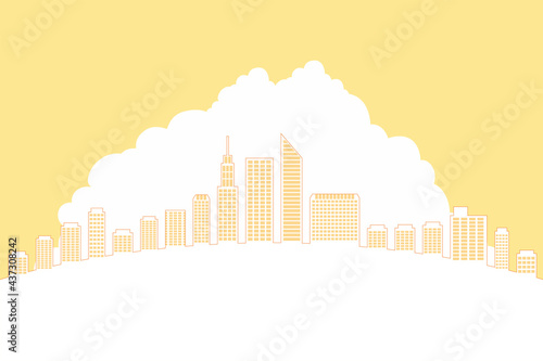 線画ラインアート　シンプルな都市ビル高層ビルタワーマンションが並んだ街並みのイラスト入道雲