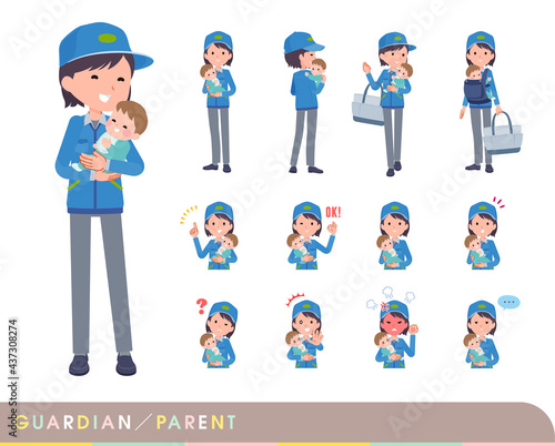 赤ちゃんの保護・世話をする配送員女性のセット