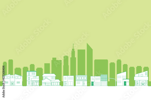 線画ラインアート　シンプルな一戸建てが並んだ街並みのイラストビル群背景　