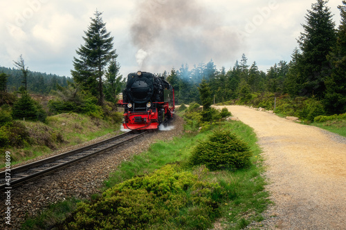 Eisenbahn schnauft den Berg hinauf zum Brocken. Daneben de Wanderweg.