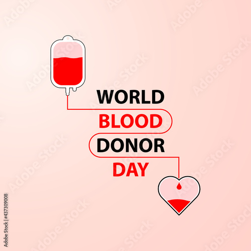 Donate Blood Concept Illustration for World Blood Donor Day. Banner with red bloody plastic container and sign. The heart of the recipient receiving the Blood transfusion isolated background