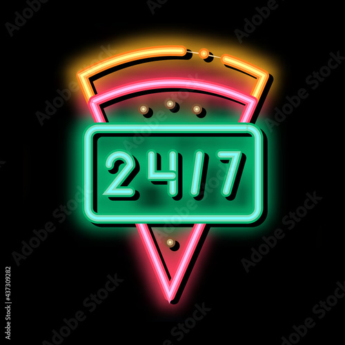 Round Clock Pizza neon light sign vector. Glowing bright icon Round Clock Pizza isometric sign. transparent symbol illustration