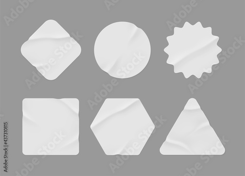 White stickers mockup. Blank labels of different shapes, circle wrinkled paper emblems. Copy space. Stickers or patches for preview tags, labels. Vector illustration