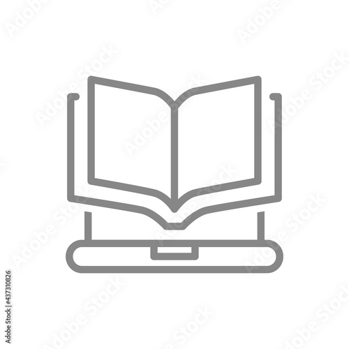Open book with laptop line icon. E-book, online library, education course symbol
