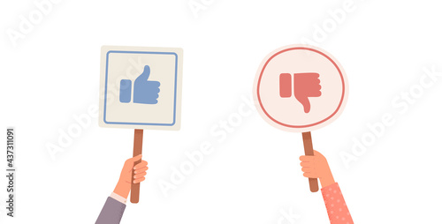 Hands holding signs with likes and dislikes. Votes of judges. Feedback. Hands holding likes and dislikes signs. Vector illustration