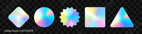 Holographic stickers. Hologram labels of different shapes. Sticker shapes for design mockups. Holographic textured stickers for preview tags, labels. Vector illustration