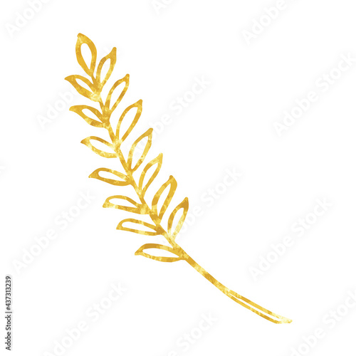 Gold branch, linear leaves and seeds. Hand painted isolated on white background. Vector.
