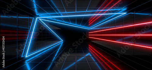 Sci Fy neon lamps in a dark corridor. Reflections on the floor and walls. 3d rendering image.