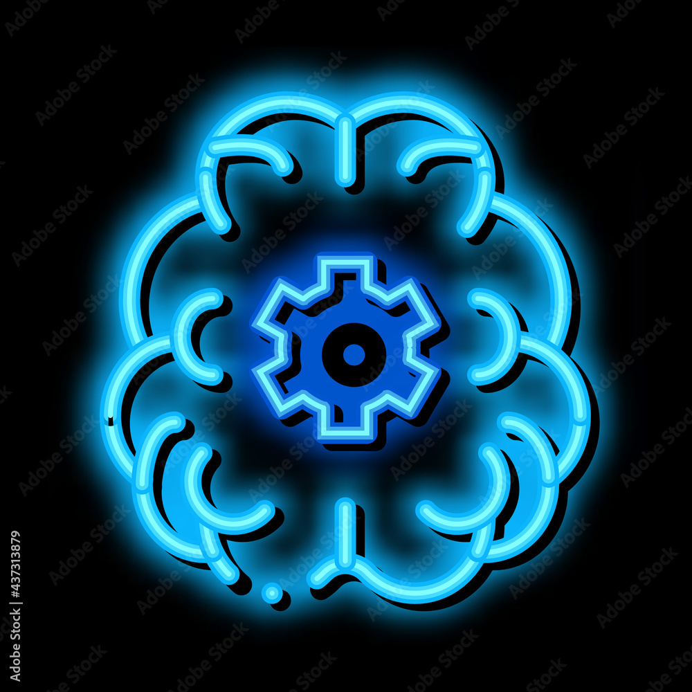 Human Brain Gear neon light sign vector. Glowing bright icon Human Brain Gear isometric sign. transparent symbol illustration