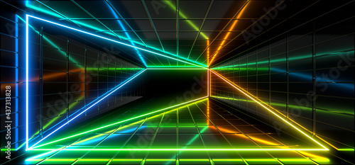 Sci Fy neon lamps in a dark corridor. Reflections on the floor and walls. 3d rendering image.