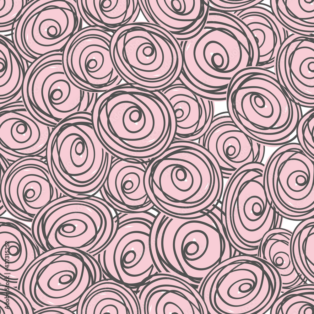 Seamless pattern with child doodle roses. Pattern with gray swirls on a light pink and white backdrops. Can be used for textile prints, cards, wrapping paper. Vector illustration, eps 10.