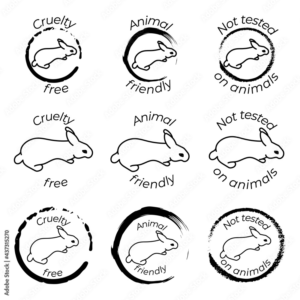 Set of 9 black and white icons with rabbit seal. Cruelty free, Animal friendly and not tested on animals labels for cosmetic products. The rabbit's stroke is editable. Vector illustration, eps10. Set of 9 black and white icons with rabbit seal. Cruelty free, Animal friendly and not tested on animals labels for cosmetic products. The rabbit's stroke is editable. Vector illustration, eps10.