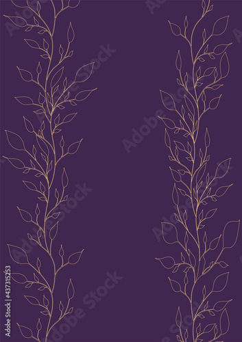 Luxury template with hand drawn golden brunches of leaves on a dark purple background for wedding invitations, cards, banners, posters. Vertical borders, outline. Vector illustration, eps 10.