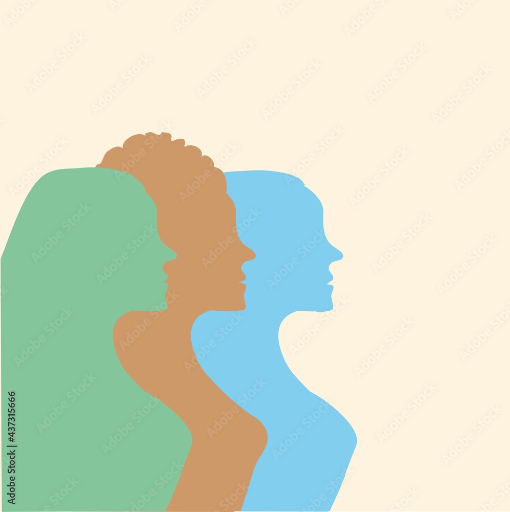 The female silhouette of the head is isolated. The concept of equality, international Women's Day, activism, feminism. Illustration of a silhouette with feminist women. Banner, greeting card. 